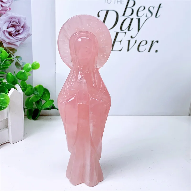 

Natural Rose Quartz Statue of Virgin Mary Gemstone, Healing Crystal, Reiki Carved Stones, Room Decoration Gift, 10cm, 1Pc