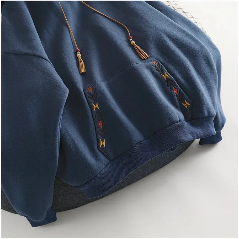 여성용 가을 겨울 학생 재킷 탑을 위한 코튼 블루 루즈 후드 디자인 스웨트셔츠