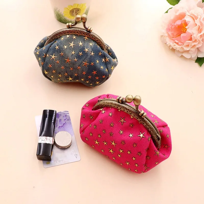 Denim Fabric Art Zero Wallet Five Point Star Small Money Bag Hand Handle Gold Bag Key Card Bag