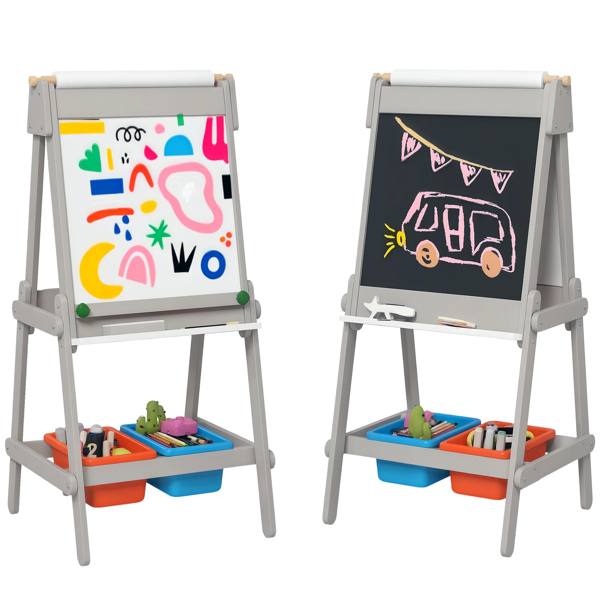 Aiyaplay Kinderwhiteboard met schildersezel Dubbelzijdig whiteboard met gum Papierrol Opbergdozen Grijs