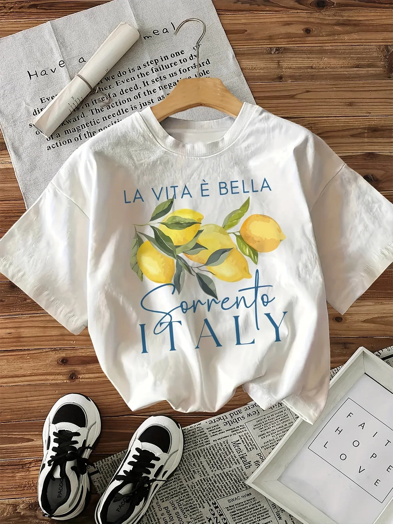 Kids Watercolor Lemon Sorrento Italy Print T-shirt Pure Cotton Short Sleeve La Vita È Bella Vacation Tee Unisex Boys Girls Tops
