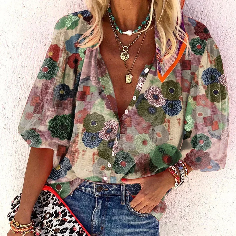 Spring Summer Flower Print Shirt Blouses Women Casual Button Shirts For Women Elegant Blouses 2024