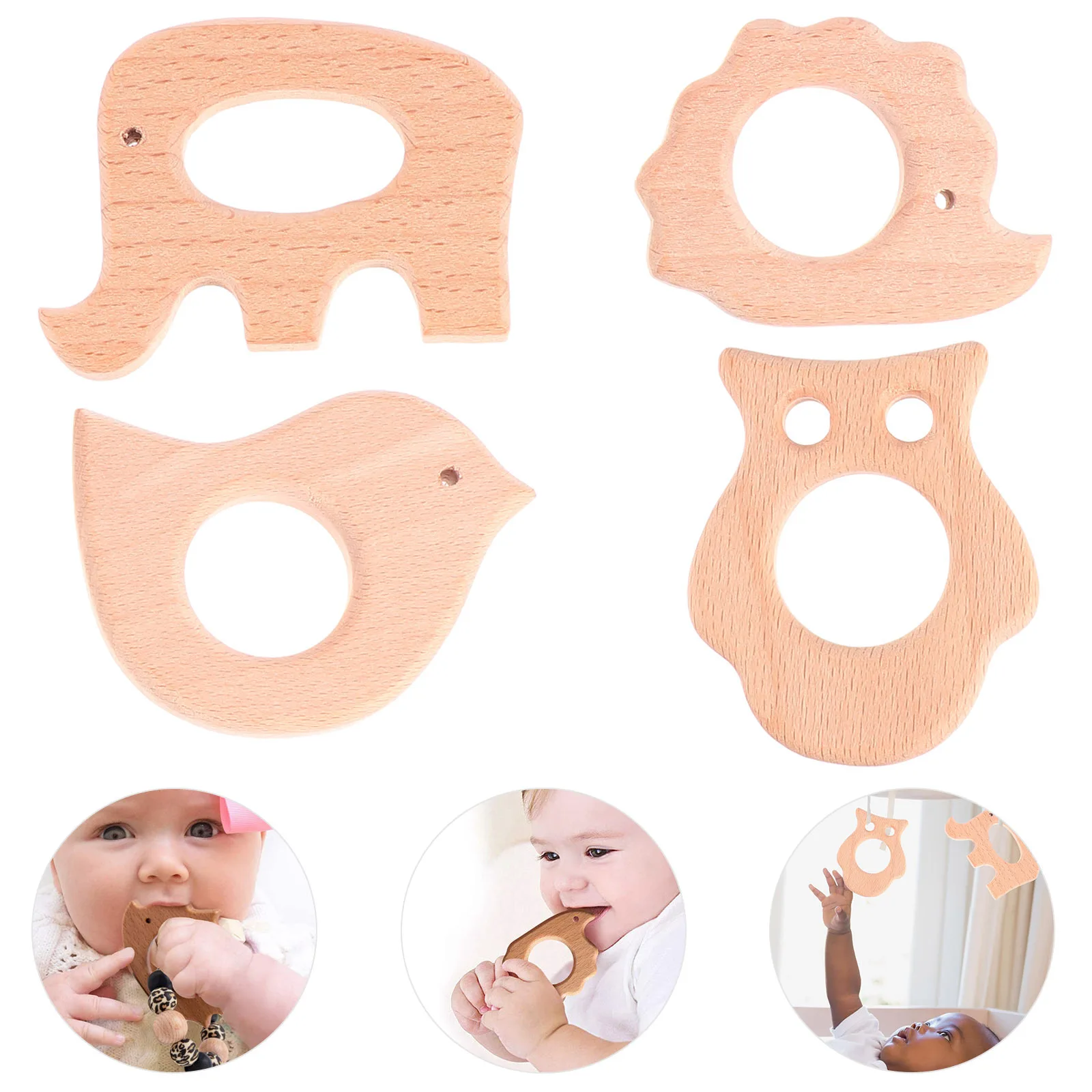 4 قطع عضاضة خشبية للأطفال على شكل حيوان كرتوني لتهدئة الانزعاج والتحفيز الحسي للثلاجة