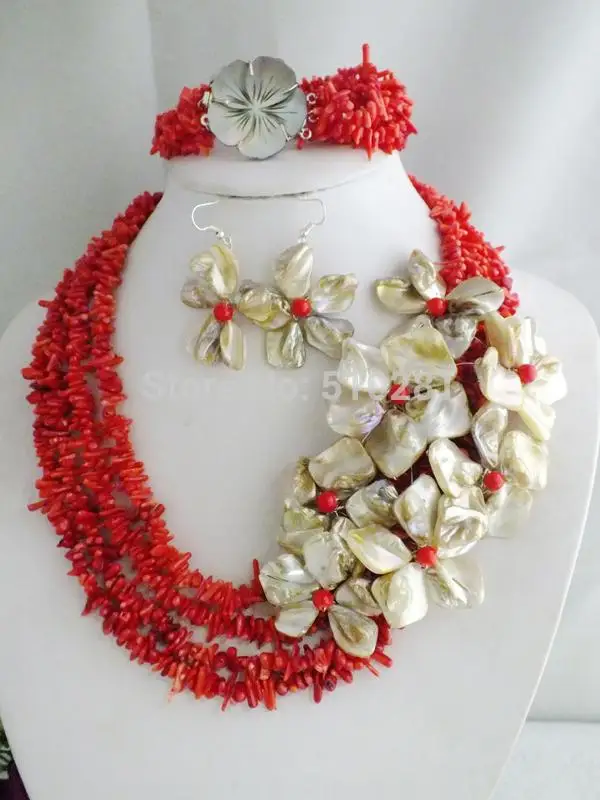 

NO-230# Fashion Coral Beads Necklace Coral Jewelry Set With Shell Flowers