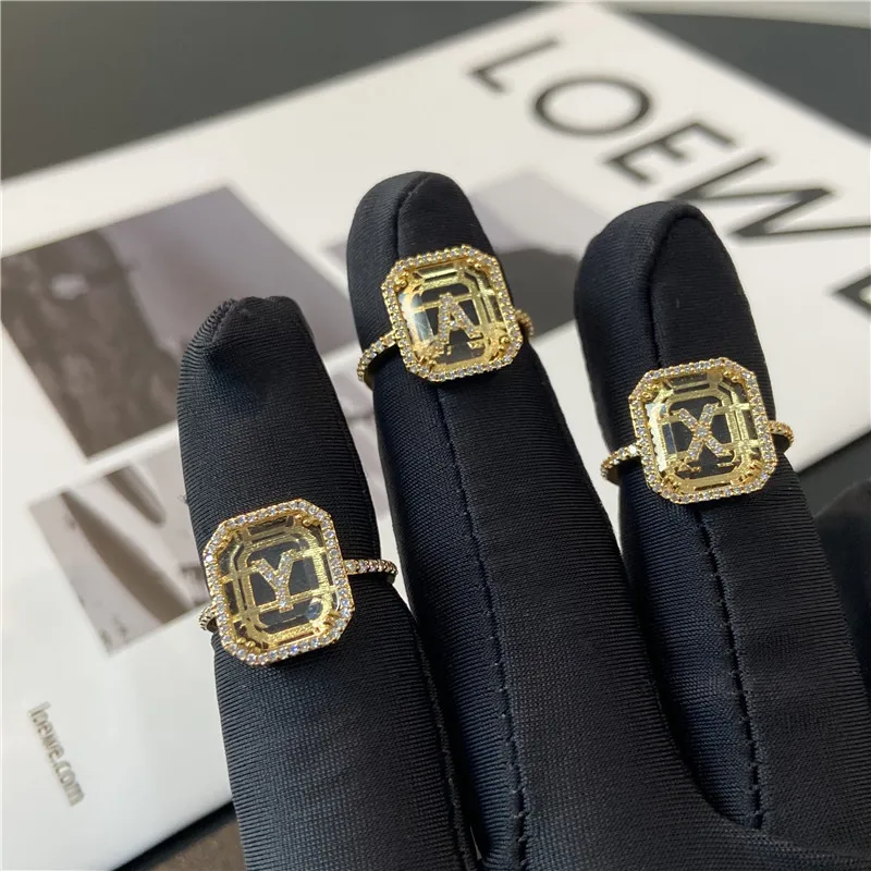 AAA Zircon Letter Glass Statement Rings Women Jewlery Designer T Show Club Cocktail Party Rare Japan Korean