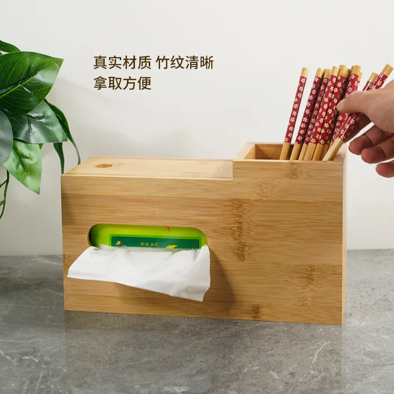 Bamboo chopsticks paper storage box square multi-functional napkin straw soup spoon storage rack hotel