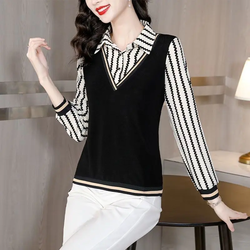 패셔너블한 프린트 롱 슬리브 여성용 페이크 투피스 베이스 레이어 탑 트렌디 칼라 싱글 버튼 클로저 루즈핏