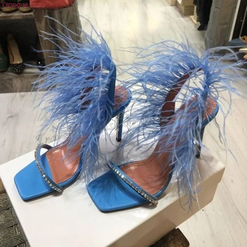 

Blue Square Toe Feather Decor Sandals Stilettos High Heels High Heel Shoes for Women Fashion Heels 2024 New Zapatos Para Mujere