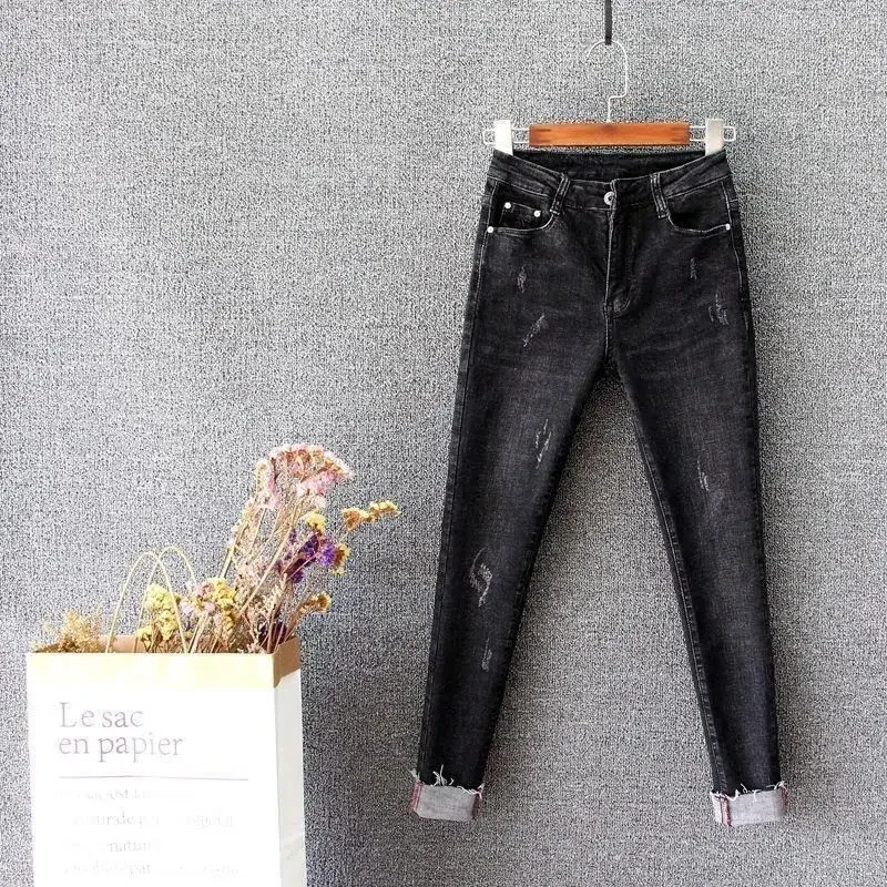 

Black jeans, women's feet pants, high waist, elastic pencil pants, tight and slim, flanging trousers, new style