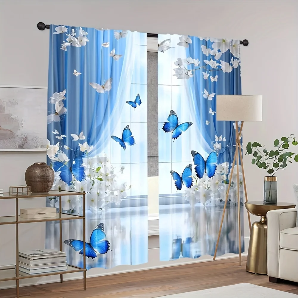 

2 шт. синих штор с цветочным узором и бабочками для гостиной, спальни, для обеспечения приватности и декора, в спокойном стиле, из полиэстеровой ткани, без карниза.