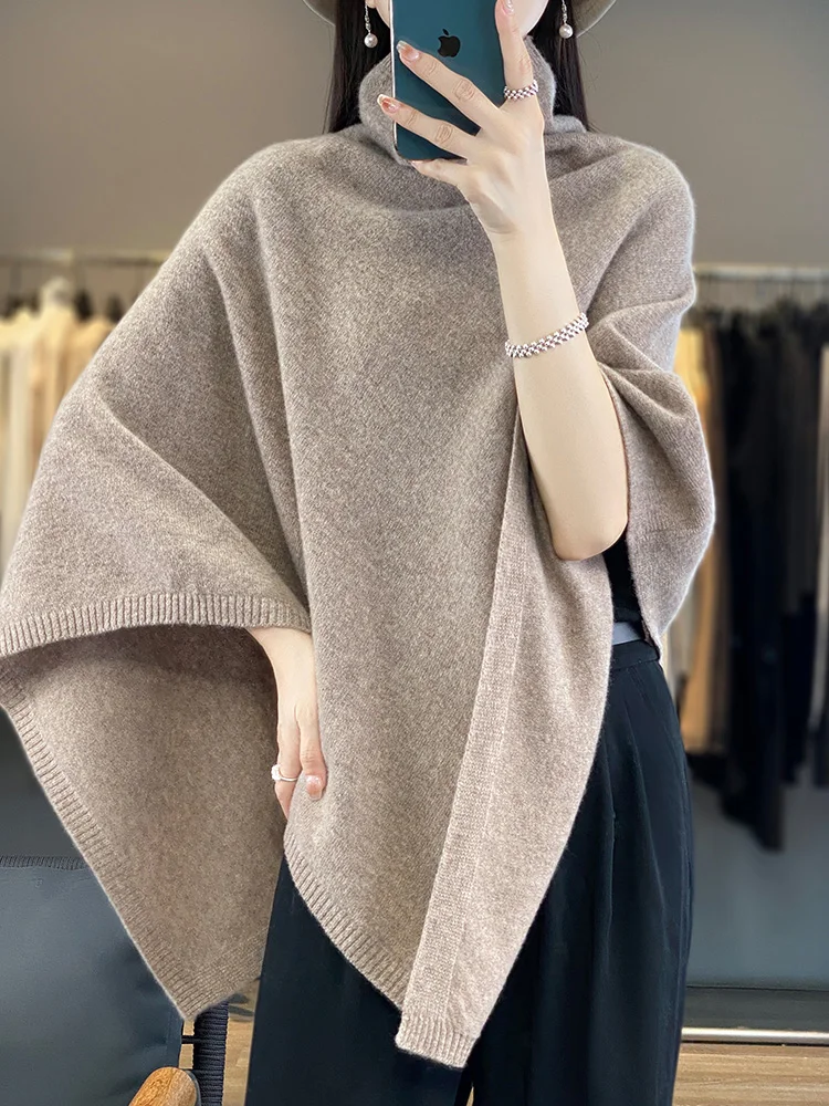 New Chic Women\'s Sweater Shawl Heap Collar Wool Pullover Autumn Winter 100% Merino Wool Knitwear Cashmere Soft Simple Cloak