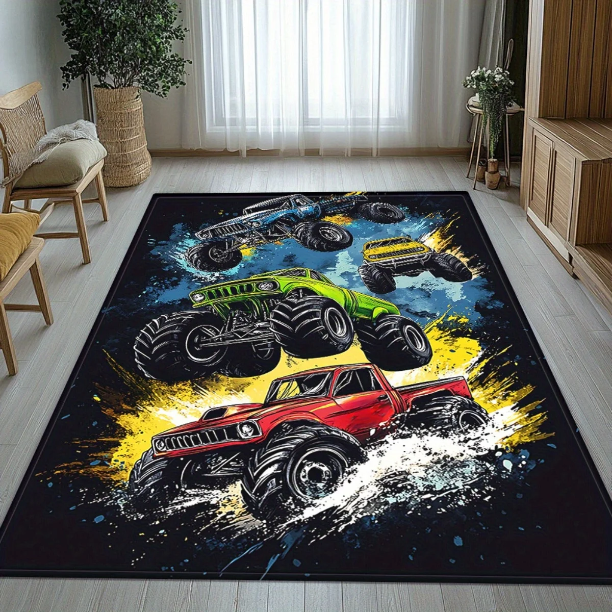 2D Flat Monster Trucks Off Road Racing Action Flannel Area Rug Non Slip Boys Game Room Carpet For Kids Bedroom Floor