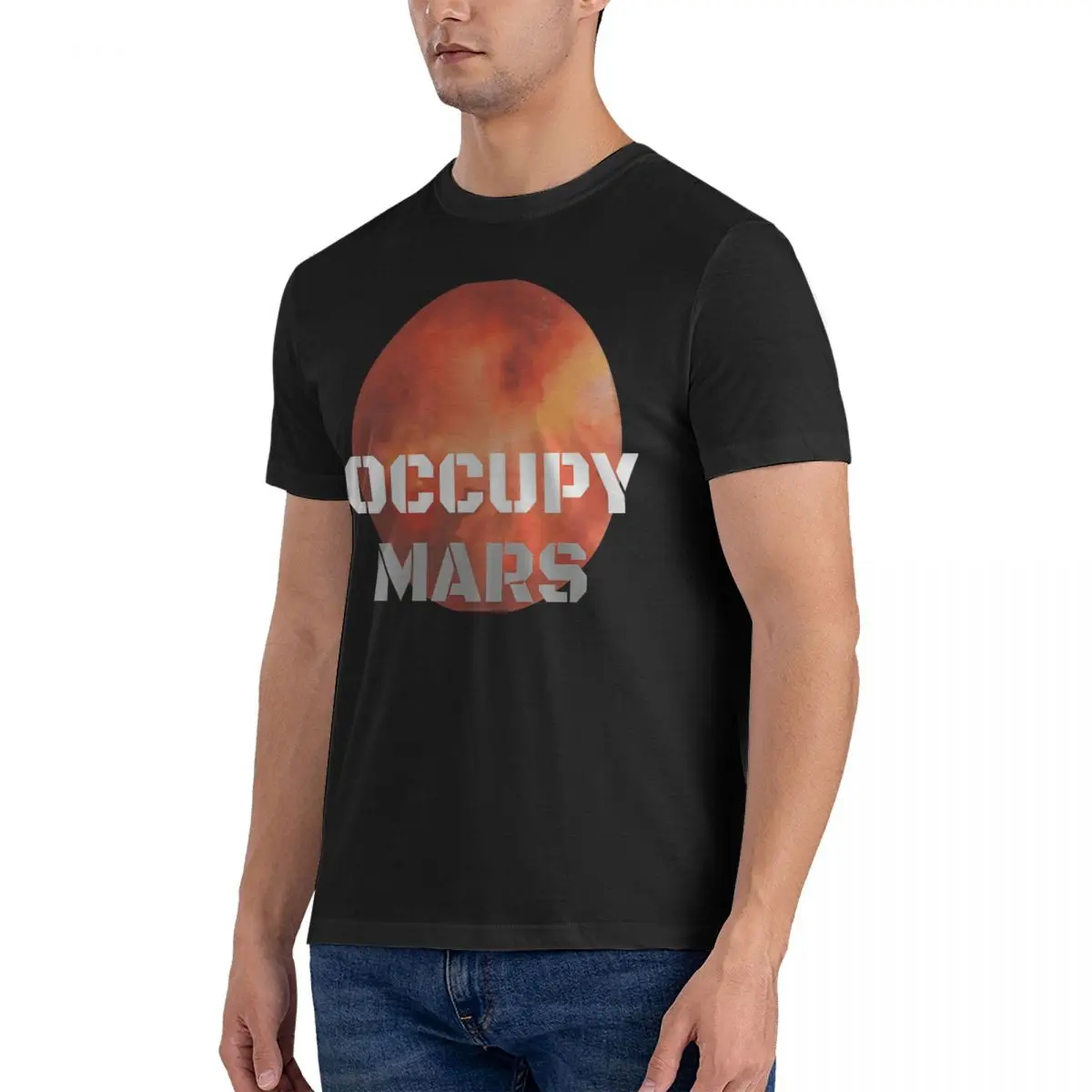 Planet T-Shirt for Men Occupy Mars Leisure Cotton Tee Shirt Round Collar Short Sleeve T Shirts Adult Clothing