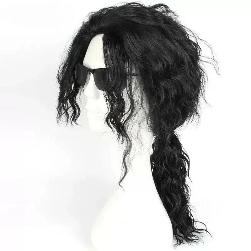 MJ Michael Cosplay Black Wig Jackson Michael Role Play Medium Long Curly Black Hair Pigtail Wig Halloween Role Play Prop Cos
