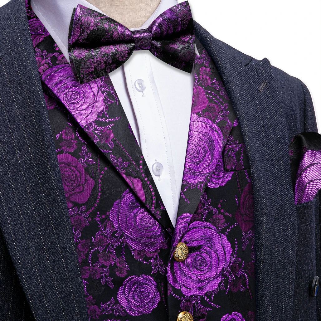 VERVEROW Luxuriöse Herren-Weste mit Jacquard-Blumenmuster, gekerbtem Reverskragen, Weste mit Fliege, Set für formelle Hochzeiten, Partys, Smoking – Detail 2