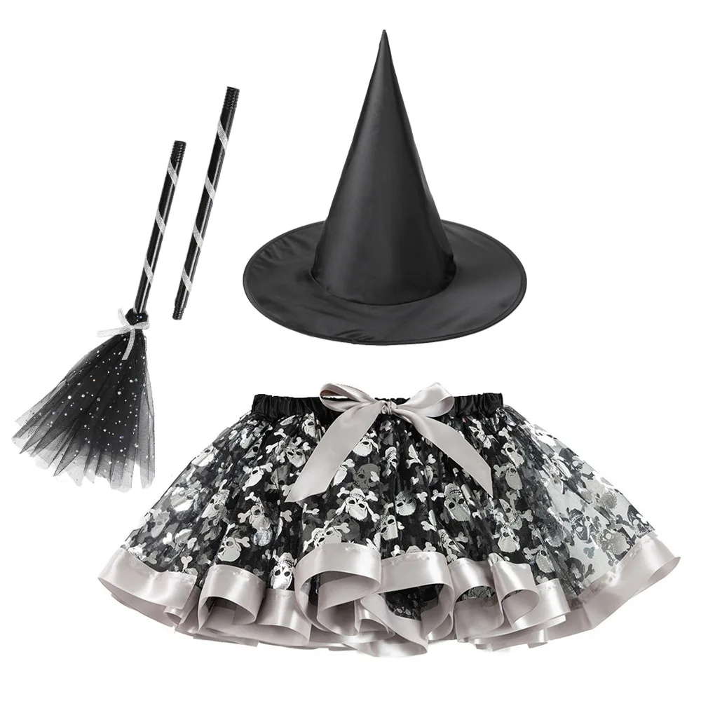 Girls Halloween Witch Cosplay Costume Theme Party Carnival Sorceress Roleplay Clothes Props Print Mesh Tutu Skirt with Hat Broom