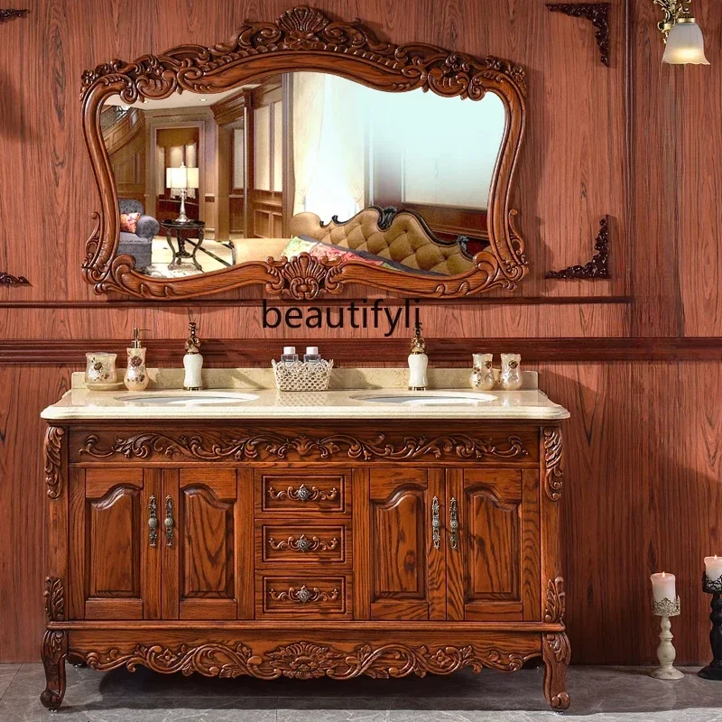 

European bathroom cabinet combination floor-to-ceiling hand wash basin American bathroom washstand red oak