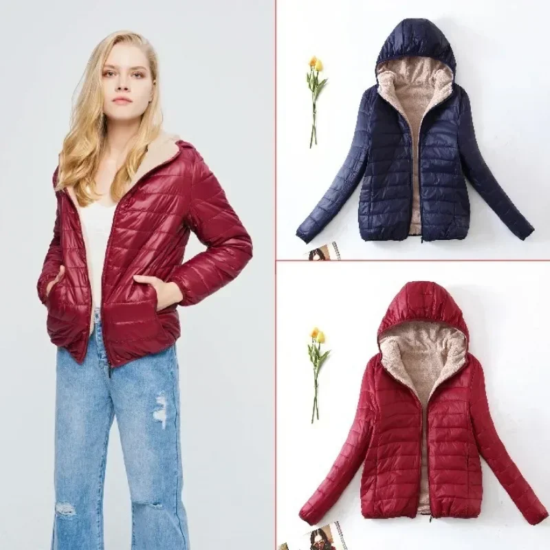 2024 Winter Clothing New Slim Fit Versatile Hooded Waterproof Lambswool Closure Elastic Short Style Warm Cotton Jacket for Women