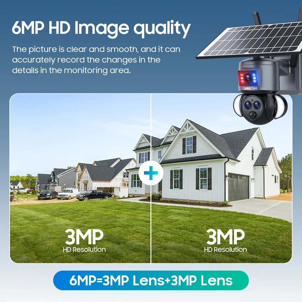 SECTEC Three Lens Dual View PTZ Outdoor Night Vision 4G Solar Power Security IP Camera 6MP 15X Zoom Solar Battery CCTV Camera