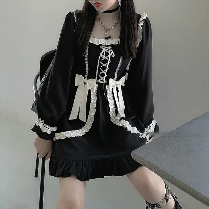 Japanese Lolita Gothic Dress Girl Sweet Bow Patchwork Vintage Designer Mini Dress Korean Kawaii Clothes Punk Dresses For Women