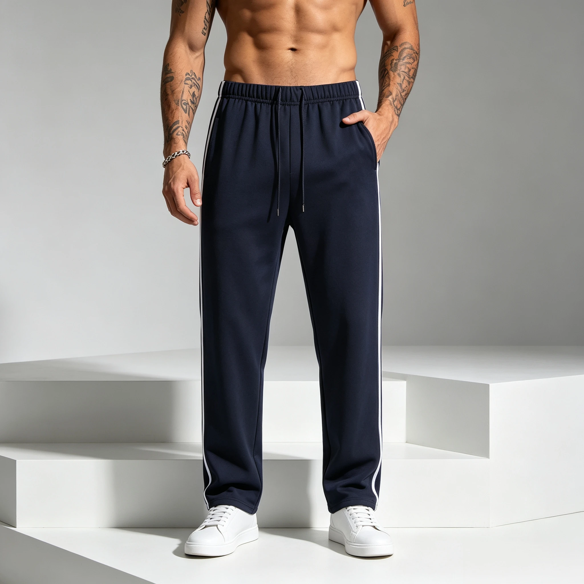 Herrenhose mit seitlichen Streifen, gerader Schnitt, Strickstoff, Fitness- und Jogginghose, Herrenhose mit elastischem Bund, Freizeitkleidung für den Frühling. – Detail 7