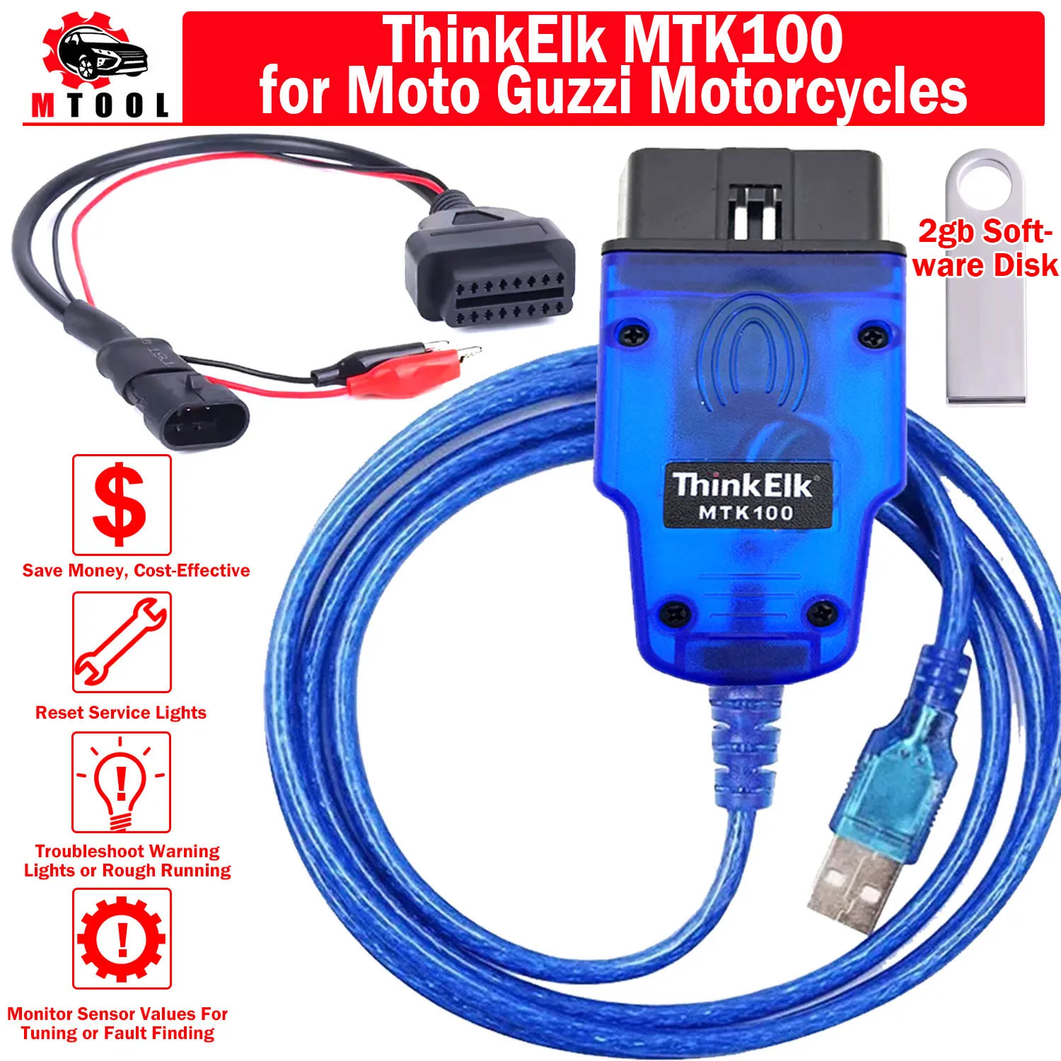 

ThinkElk MTK 100, диагностический инструмент для мотоцикла Moto Guzzi OBD 2, чтение, чистый код неисправности, монитор данных в реальном времени, значение датчика