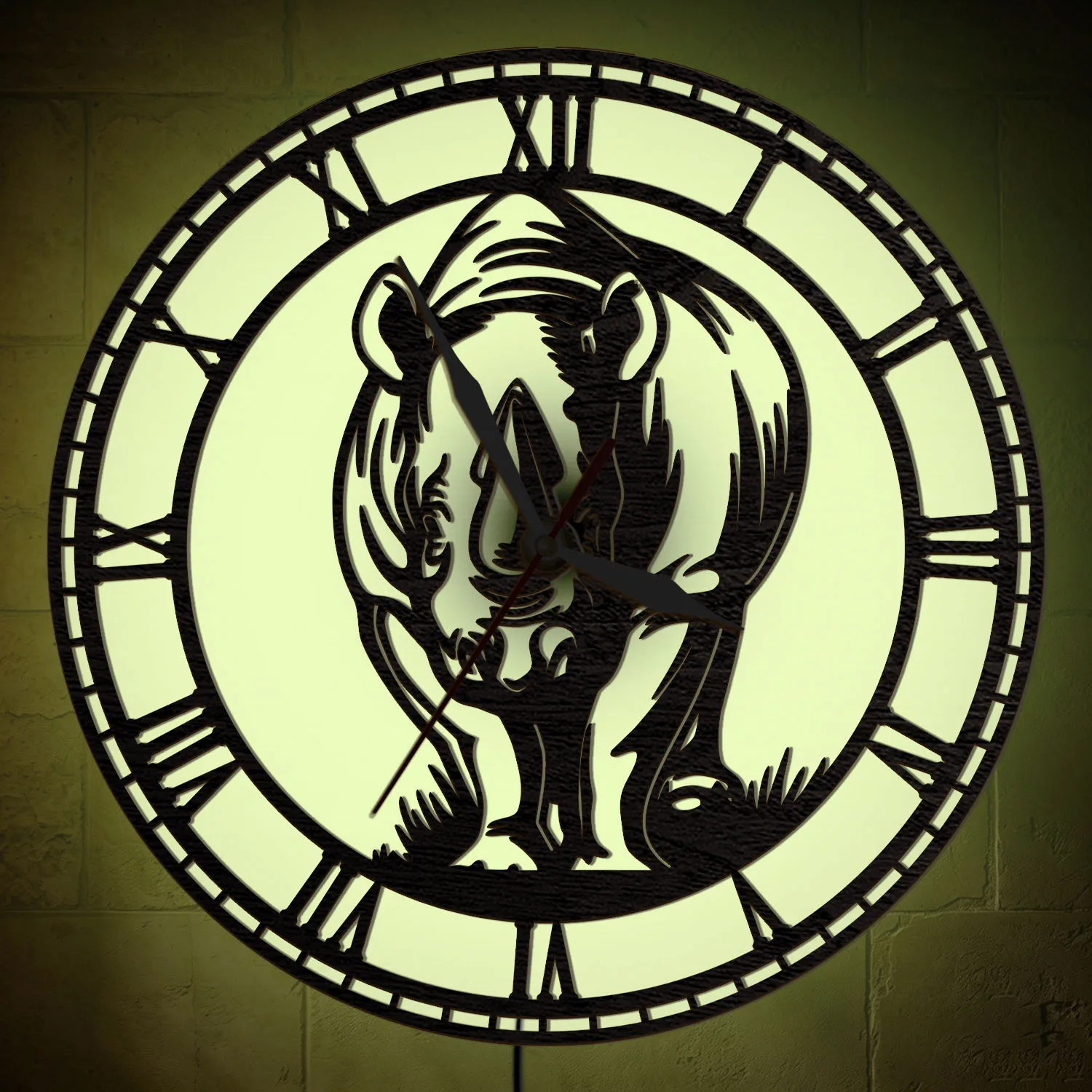 Rhino LED Lighting Wooden Wall Clock with RGB Color Changing Backlight Rhinoceros Luminous Wall Clock Nature Wildlife Home Decor