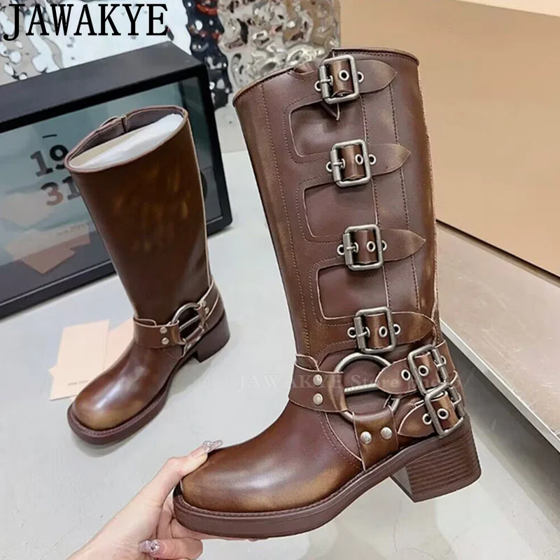 Real Leather Knee High Boots Women Round Toe Buckle Designer Knight Boots Autumn Winter Luxury Runway Fashion Week Boots femina