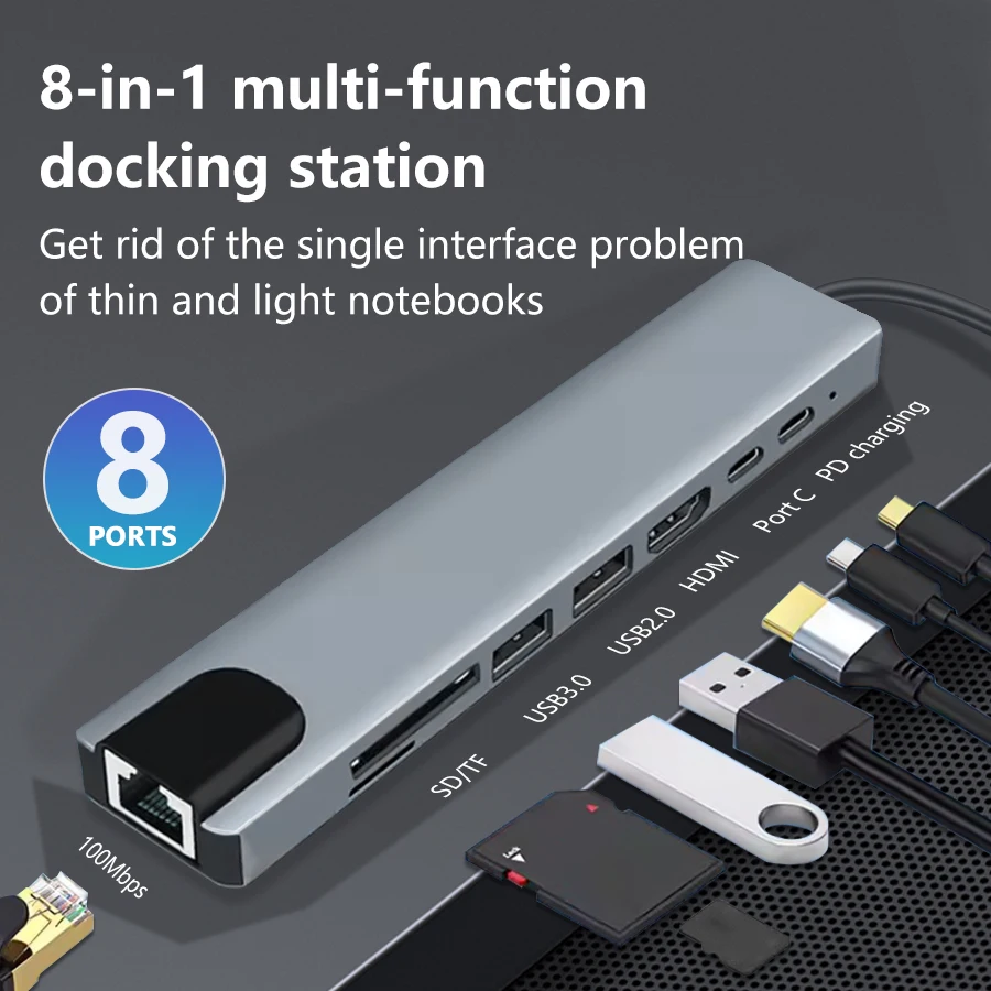 

8 in 1 USB Hub Type C Adapter with 4K HDMI 87W PD C Port Docking Station Laptop Adapter RJ45 For Macbook Notebook Computer