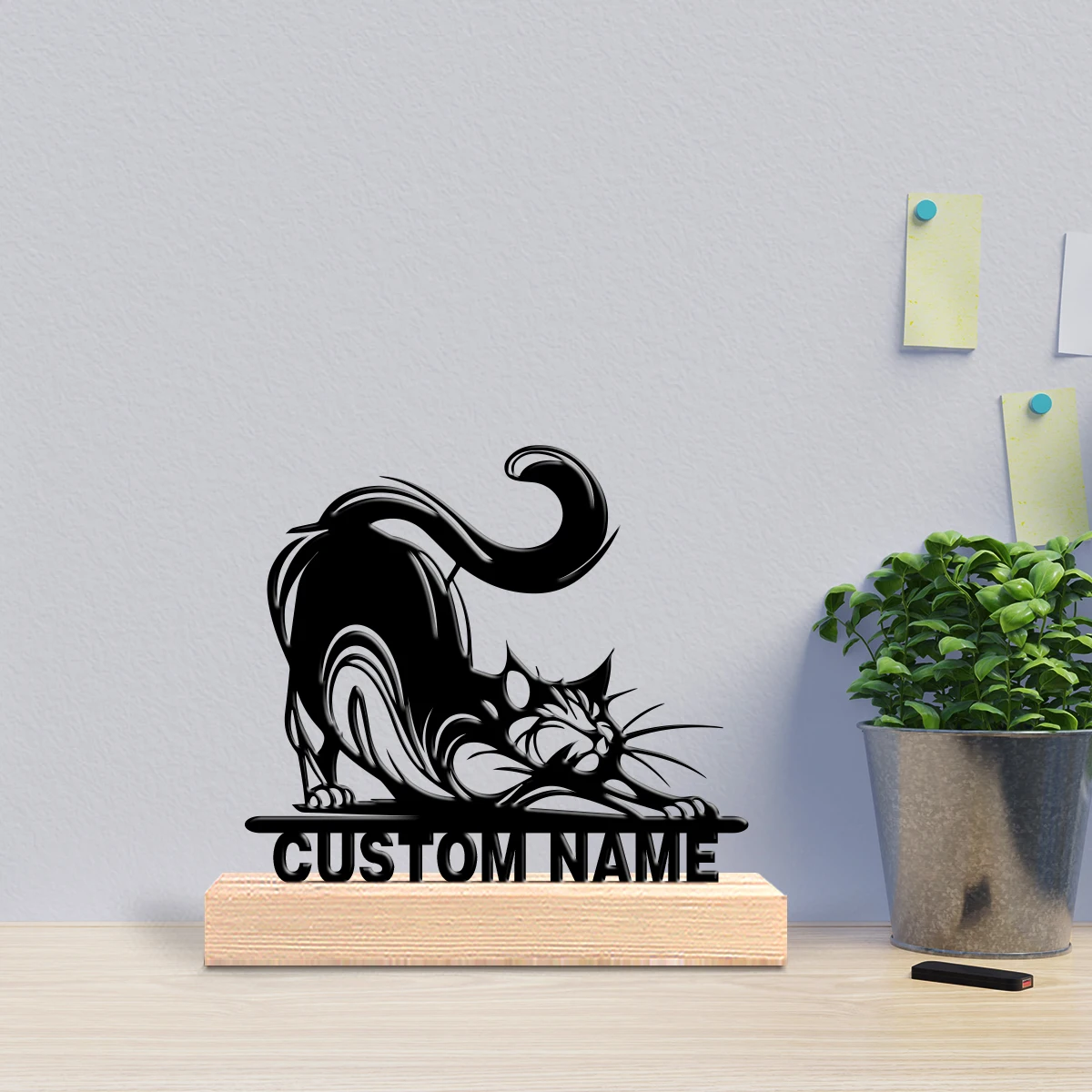 1pc Personalized Custom Stretching cat Metal Statues With Wooden Base Tabletop Decoration Cosmic Wooden Base Decor for Space Ent