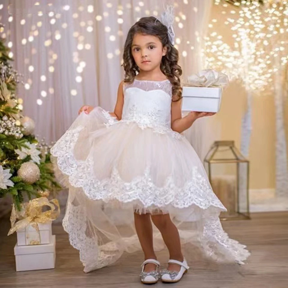 Vestidos Elegantes De flores para niña, apliques De encaje De tul, vestido De baile con lazo para niños, vestido De primera comunión, 2022