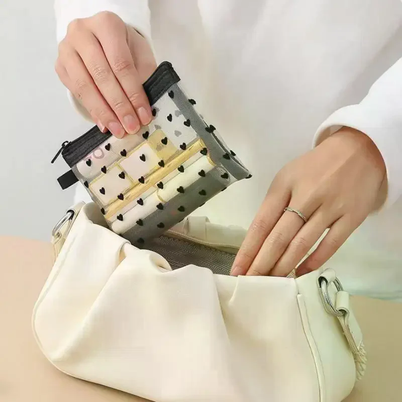 Transparent Mesh Makeup Bag With Cute Black Heart Pattern Smooth Zipper For Travel Cosmetic Storage