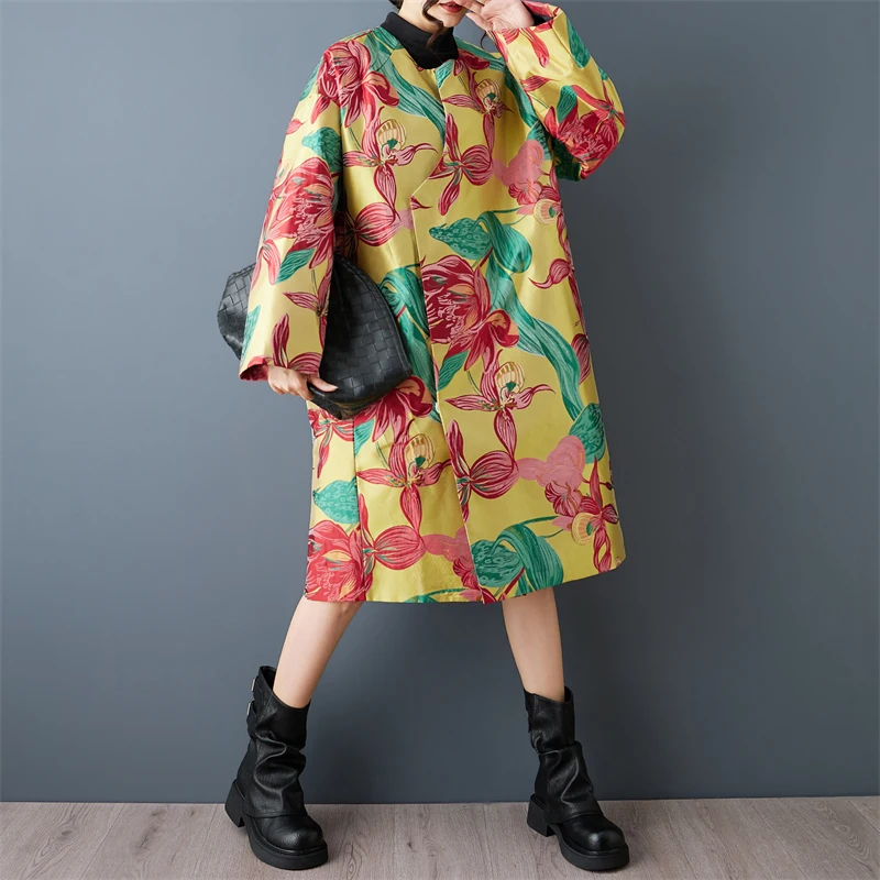Elegant Heavy-Duty Retro Double-Layered Mid-Length Windbreaker Autumn Winter Fashion Outerwear Chinese Style Loose Fit Polyes...
