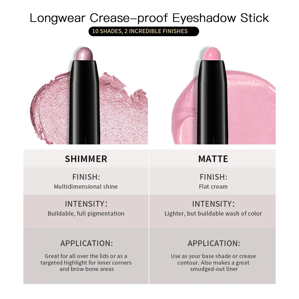 ロングウェア-しわのないアイシャドウペンシルスティック、長持ちするキラキラ、きらめき、マットアイシャドウ、蛍光ペン、アイメイクツール、10色