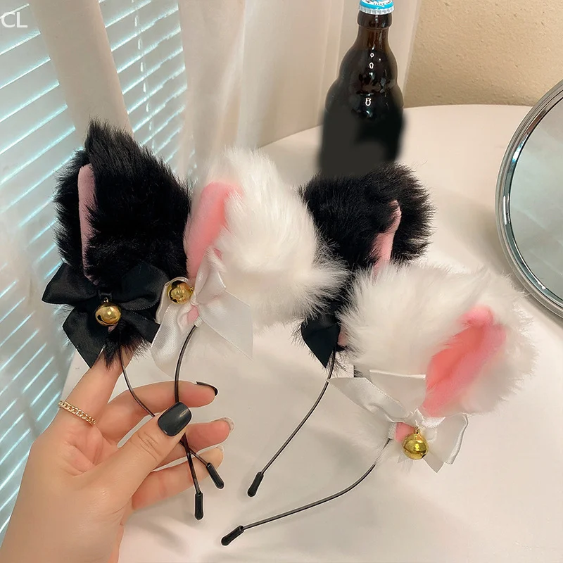 Lovely Cat Ears Headband Featuring Lace Bow and Necklace; Women's Plush Bell Hairband for Cosplay and Masquerade Decorations