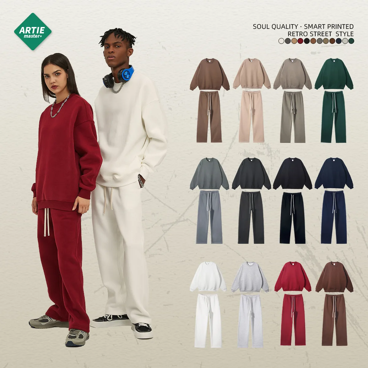 

Autumn Winter New Dopane Thiened Oversize Loose Trendy Men's Hoodie Pants Set Fce Lined Comfortable Cotton Sweatirt