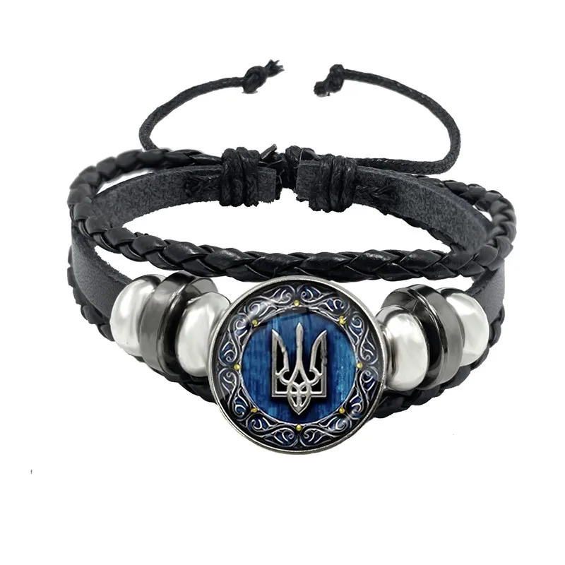 Tryzub Ukraine Button Leather Bracelet Ukrainian Rune Vintage Patterns 20mm Glass Cabochon Jewelry for Men Women Classic Gift