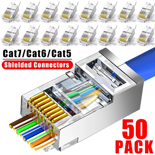 1/10/30/50 Uds paso a través de conectores blindados RJ45 Cat7/Cat6/Cat5 extremo de cristal chapado en oro 8P8C engarzado UTP Ethernet enchufe Modular