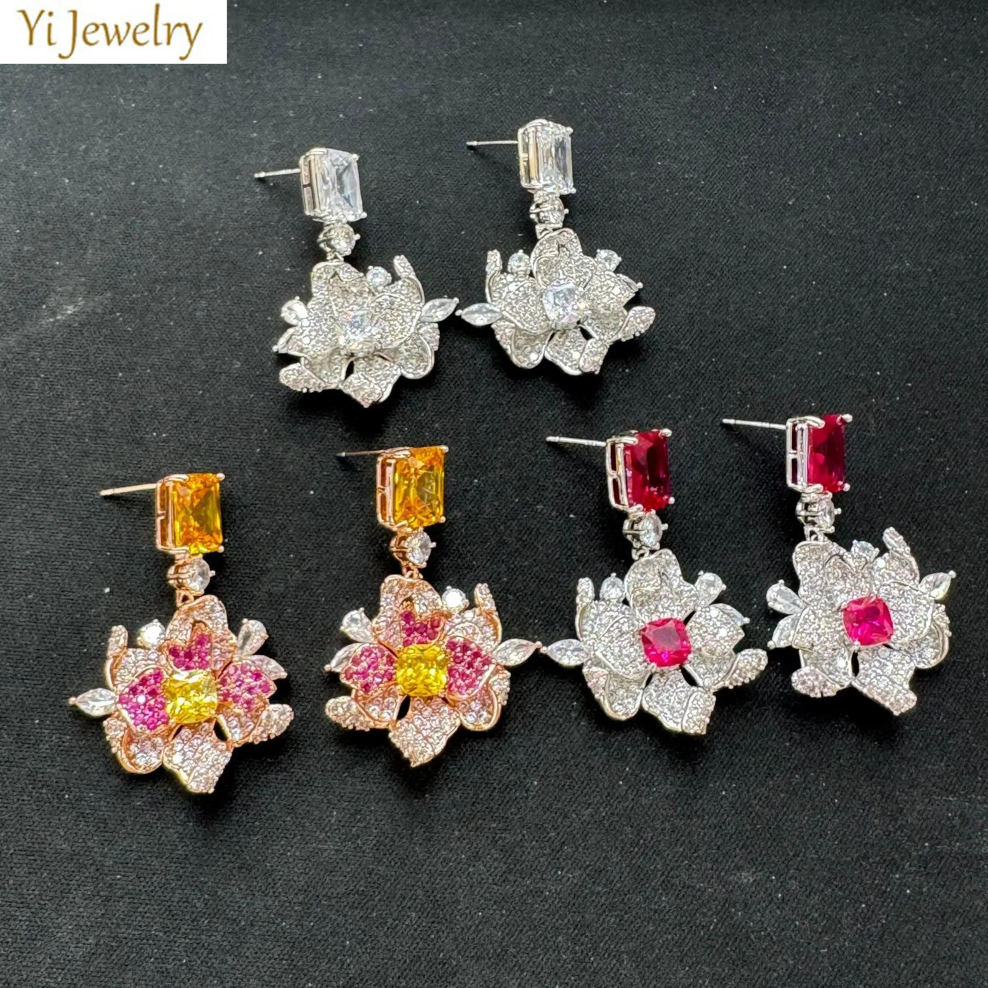 classy zirconia flower earrings for women shiny luxury jewelry dinner party gown performance white fushia petals floral earrings