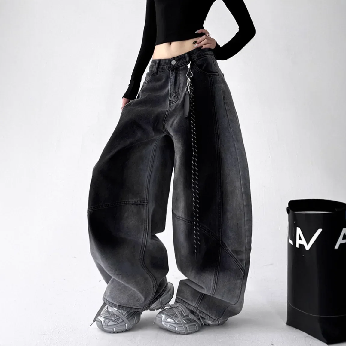 

Новинка 2025, американские ретро-градиентные потертые джинсы с краями ножей, женские свободные повседневные брюки в ленивом стиле, винтажные джинсы со средней талией