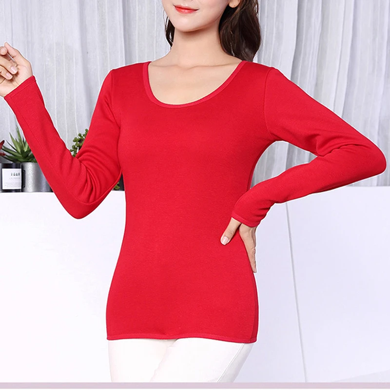 Women Winter Long Sleeve Single Layer Soild Color Velvet Thermal Clothing Underwear O-Neck Basic For Thermos Tops Female