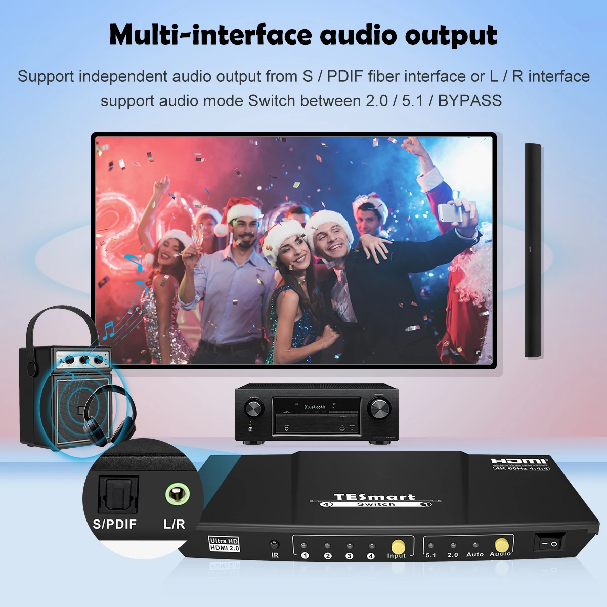 Hdmi Splitter 4k مدخل 4 منافذ مخرج 1 S/PDIF & L/R بصري HDR 10 HDCP 2.2 4k60hz HDMI Switch