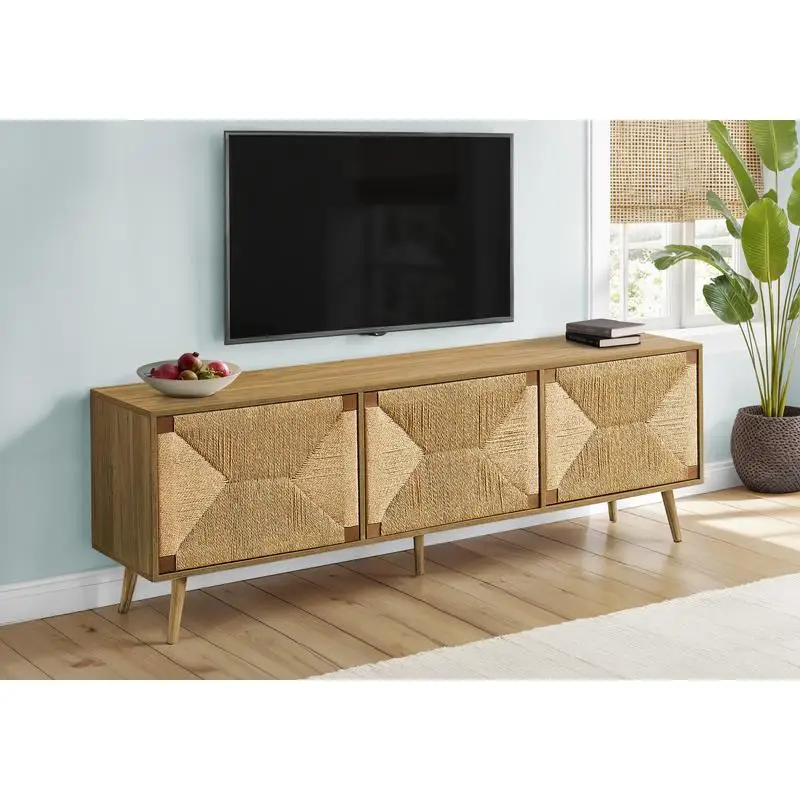 

72 Inch TV Stand - Mid-Century Modern Media Center with Storage - Walnut Laminate & Natural Seagrass Console - Stylish Home