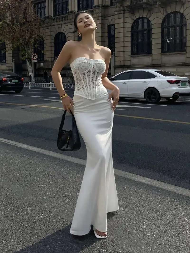 

Lace Strapless High Waisted Hip Hugging Two Piece Skirt Set For Women's Spring New Slim Two-piece Set Fashion Skirts Set 8U09