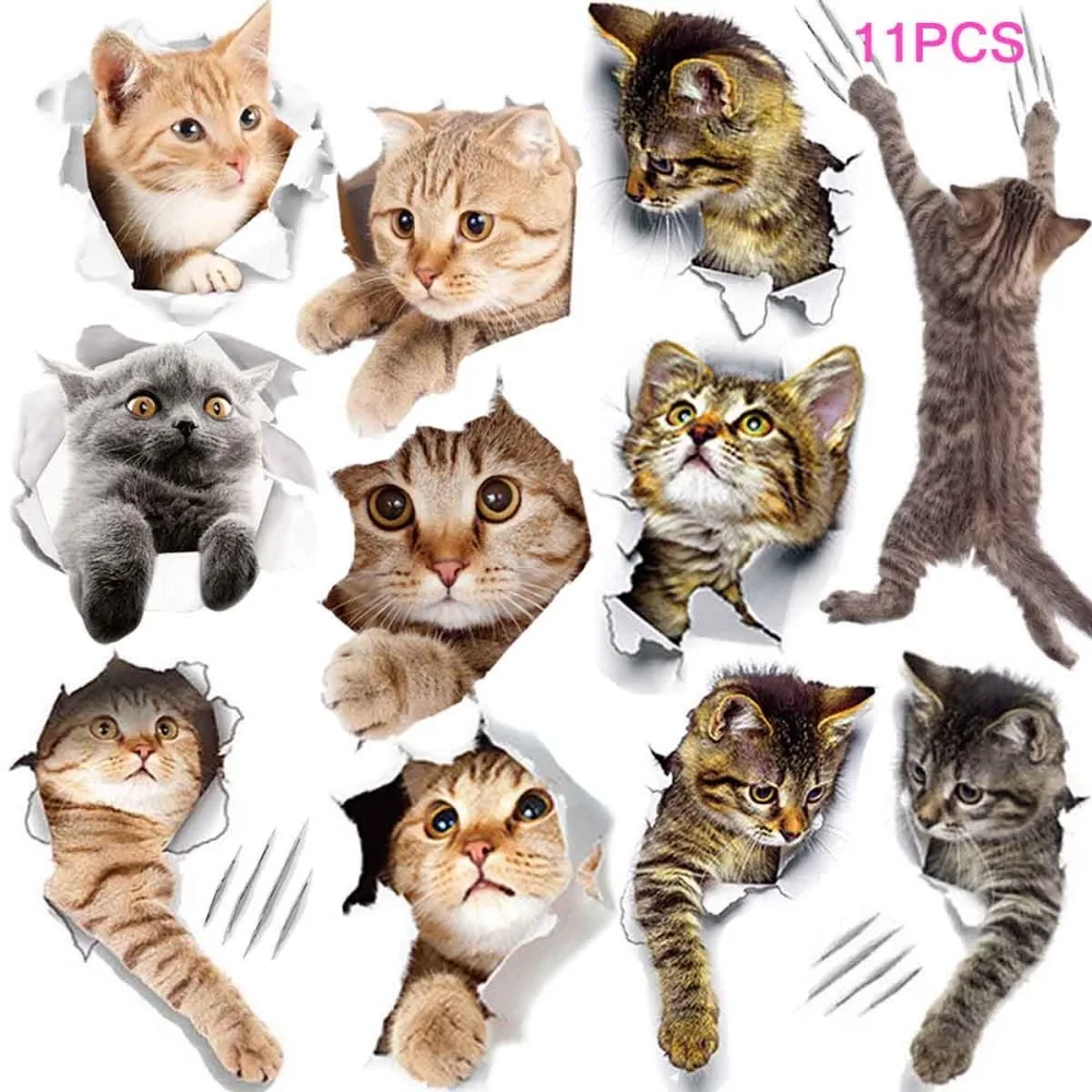 

11PCS New 3D Removable Cartoon Animal Cats Large Wall Stickers, Easy to Peel Easy to Stick Safe on Painted Walls Cute Cat Decor