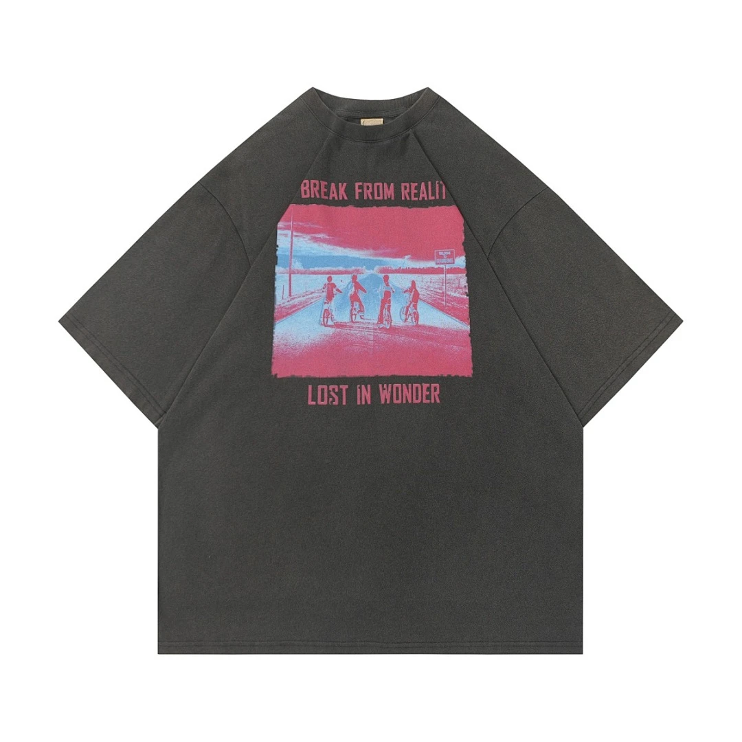 American Retro Washed Tee Graphic Poster Print Raglan Seam Men Women Oversized Casual Short Sleeve