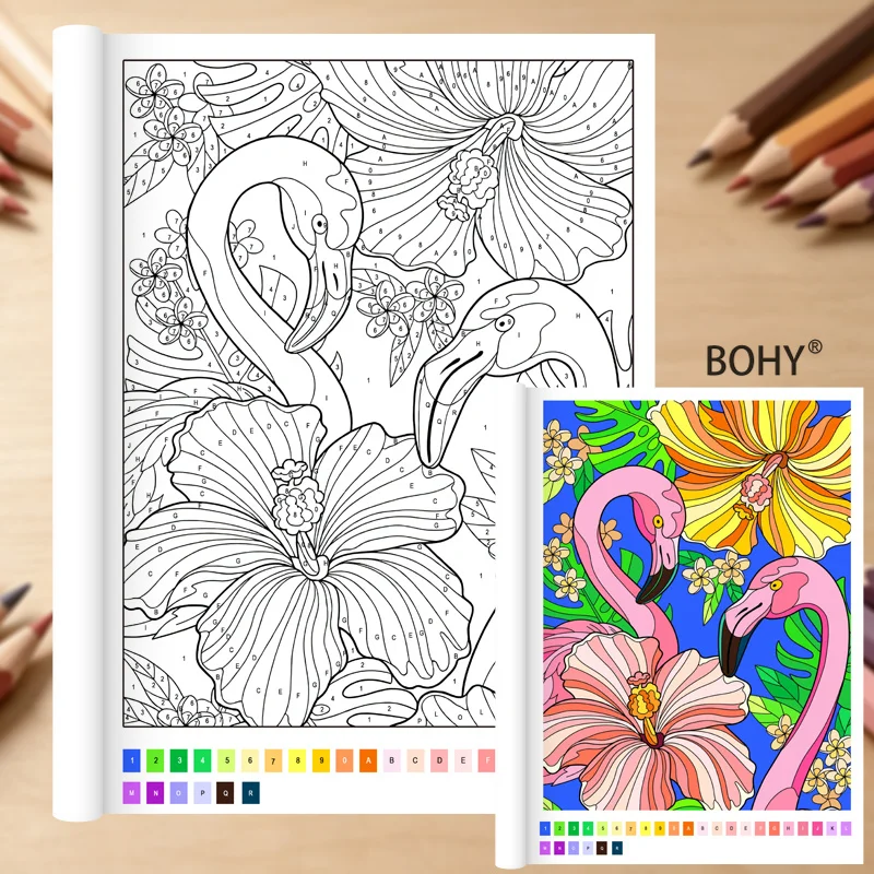 1 Adult Decompression Pencil Color Drawing Book, Themes As Lilies, Colorful Parrots, Tropical Flowers, Flamingos, Etc., 32 Pages