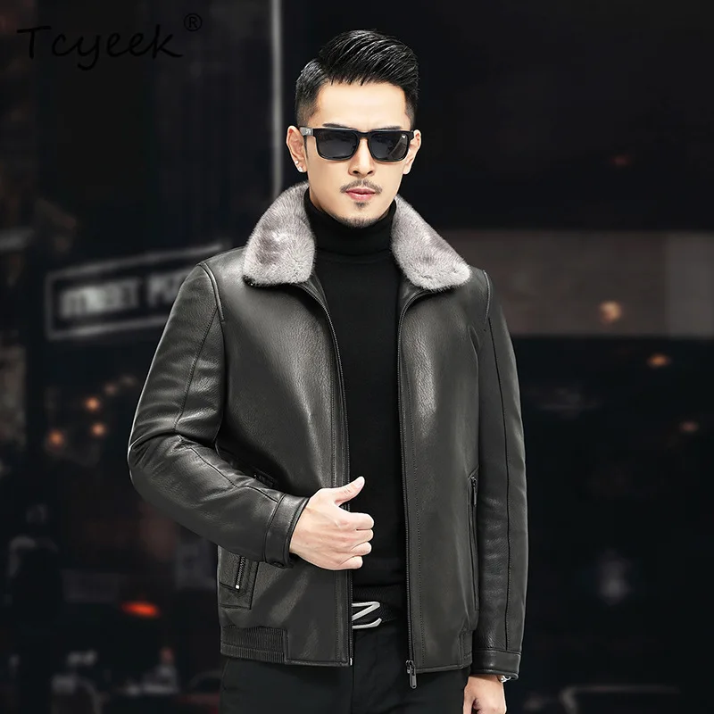 

Tcyeek куртка из натуральной кожи из натуральной козьей кожи, мужская теплая зимняя одежда с норковым воротником, мужские пальто, черное пуховое пальто 2025 Casaco Masculino
