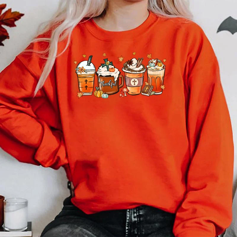 Sweatshirt Terima kasih kopi musim gugur wanita, atasan pullover hoodie leher bulat wanita olahraga kasual musim gugur dan musim dingin warna Solid