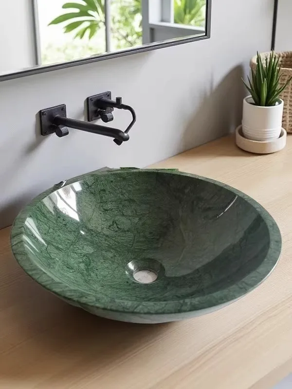 Natural Marble Home Use Bathroom Washbasin Hotel Advanced Bathroom Creativity Big Flower Green Round Shape Wash Your Face Basin